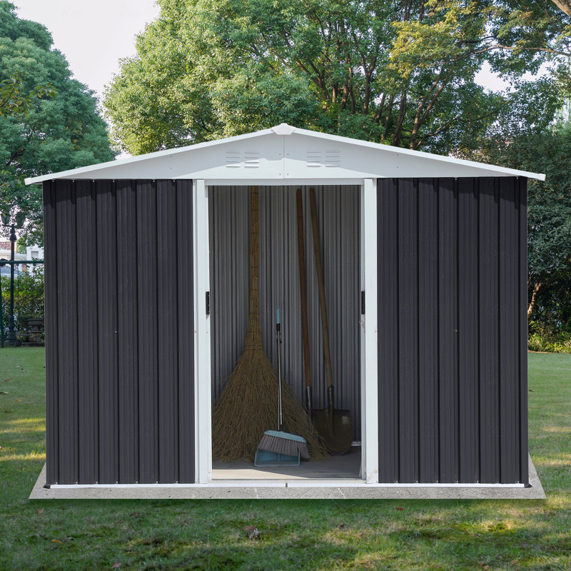 8X6 Feet Apex Roof Dark Grey Aluminum Alloy Frame Garden Shed With Sliding Door, 72.6" H x 99.6" W x 70.4" D
