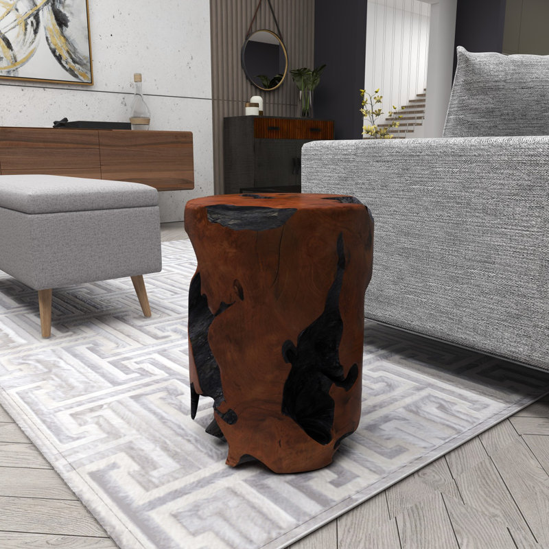 Atharv Brown Teak Wood Handmade Live Edge Stump Accent Table with Charred Detailing 14" x 14" x 18"