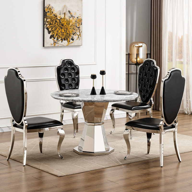 Round Faux Marble Dining Table, Modern and Elegant Design for Kitchen and Dining Room, High Gloss and Durable