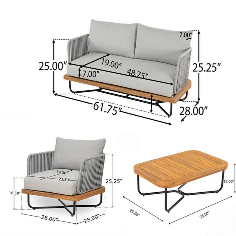 Ensemble de conversation pour l'extérieur en bois d'acacia et corde tissé 6 pièces Lucca, durable et élégant, Gris, 4