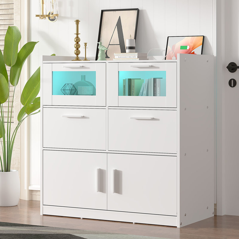 Commode blanche pour chambre à coucher avec tiroirs et armoire Margurite, commode avec lumières DEL, commode de chambre en bois pour petits espaces