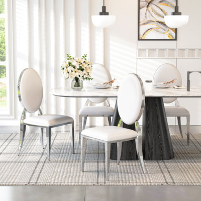 Modern Dining Chair Set, PU Leather Seats With Oval Backrest, Armless Chairs, And Mirror Stainless Steel Legs