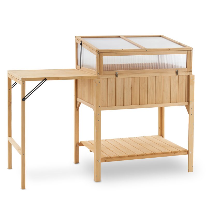 Natural Fir Wood Cold Frame Greenhouse with Foldable Potting Table