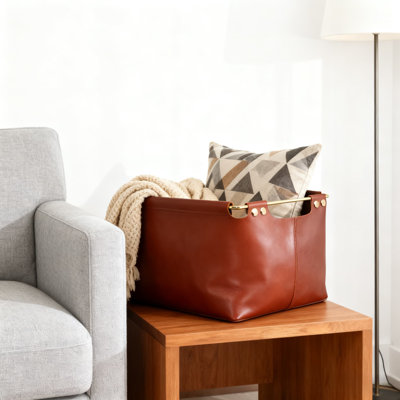 Nordic Minimalist Storage Basket With Metal Handles - Handcrafted Stitched Leather Organizer For Home Decor