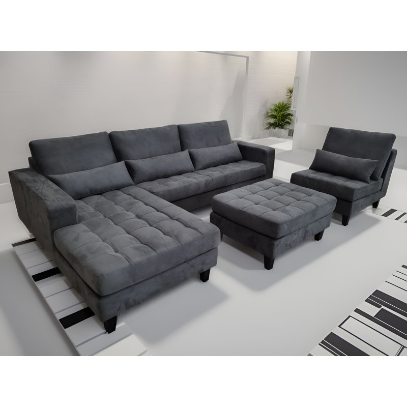 Canapé modulaire en microfibre avec repose-pieds Begraj, Accoudoir à gauche (vu de face), Microfibres et suédine gris foncé