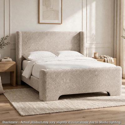 Grand lit Verna, tête de lit pour abri, revêtement en chenille taupe