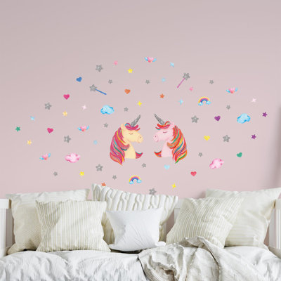 Décoration murale aquarelle licornes avec étoiles scintillantes