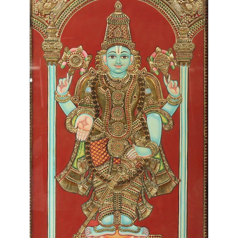«Debout debout», Vishnu Tanjore, peinture - Art mural traditionnel de style bouddhiste avec travail en or 24 carats, encadré spirituel 27,5 po x 21,5 po