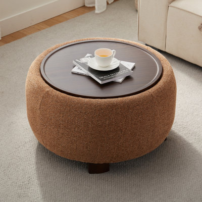 Upholstered Round Storage Ottoman with Wooden Tray