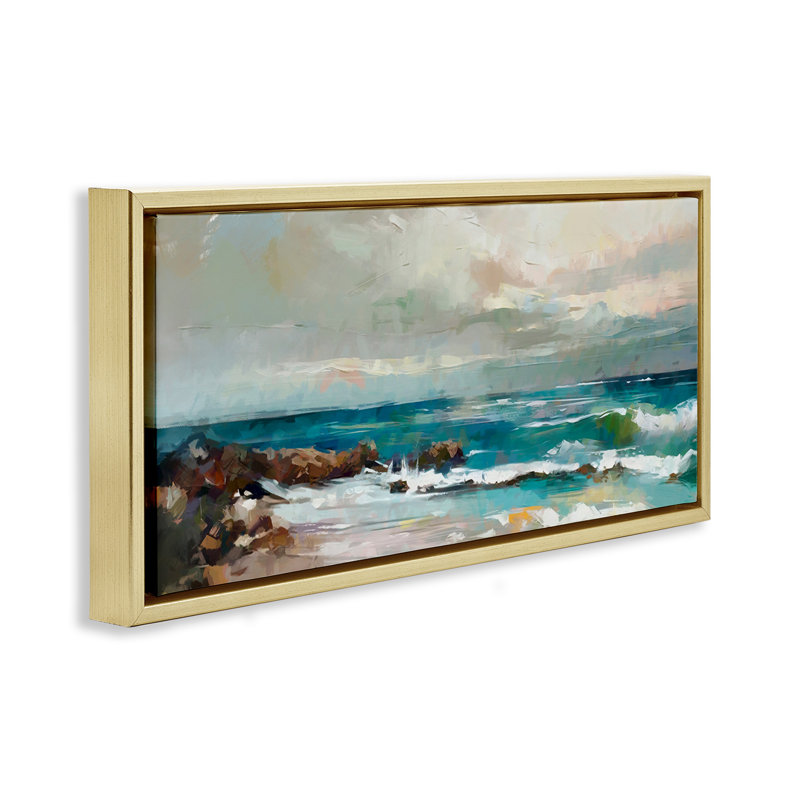 Rocky Ocean Waves, Cadre flottant métallique doré, H 14 po x l 31 po