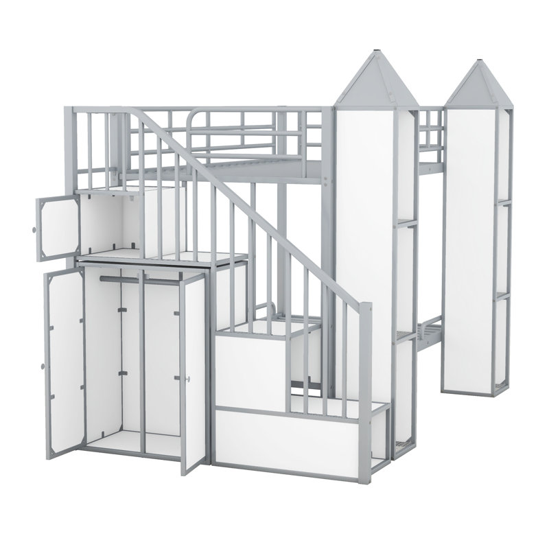 Lit superposé en métal en forme de château avec garde-robe et rangement multiple, Blanc / Gris
