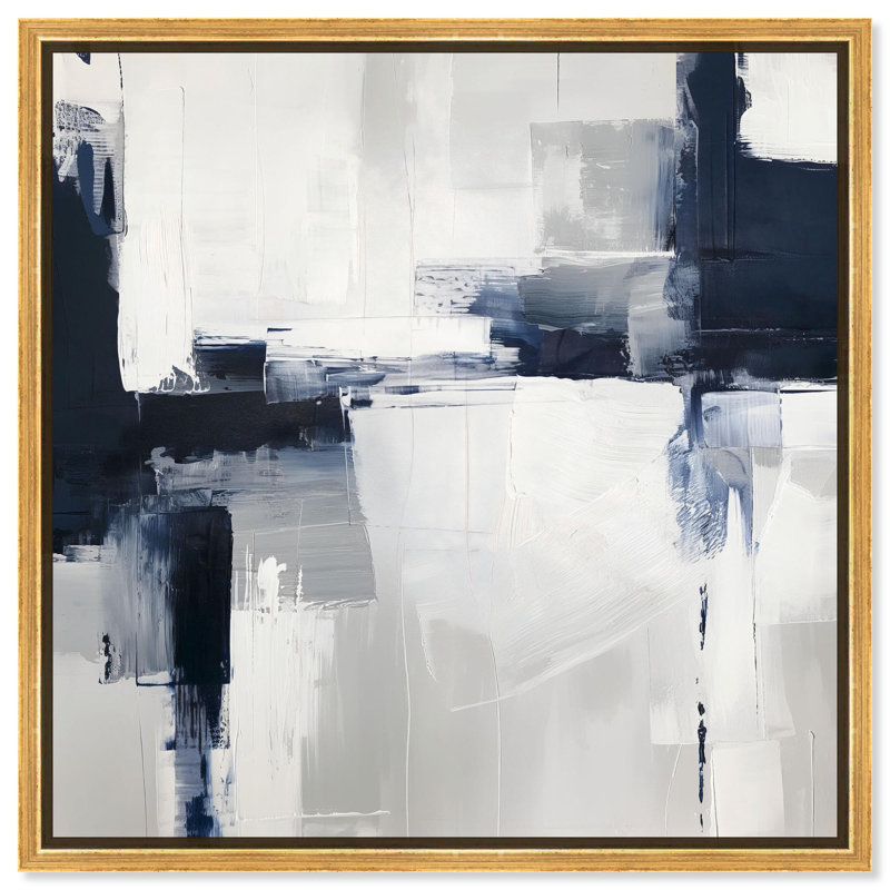 «Blue Cascades on Still White», art mural bleu par , H 13 po x l 13 po, Cadre flottant doré