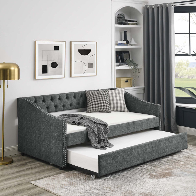 Lit de jour avec lit gigogne simple, Gris, Lit simple