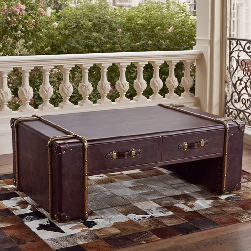 Vintage oil-waxed leather coffee table, Brown