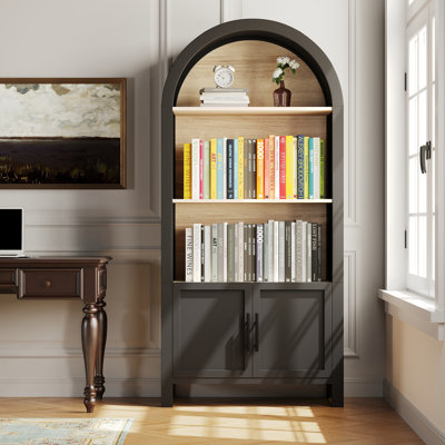 66.70 Inch Tall Arched Bookcase With Storage, Mid-Century Modern 3-Tier Arched Cabinet With Door, Arched Bookshelf Cabinet With Open Display Storage Shelf For Office Dining Room Living Room (Black)