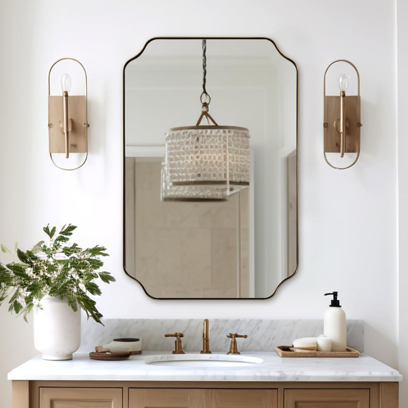 Miroir de salle de bain Modern Cadre en acier inoxydable, 36 po x 24 po, Or brossé