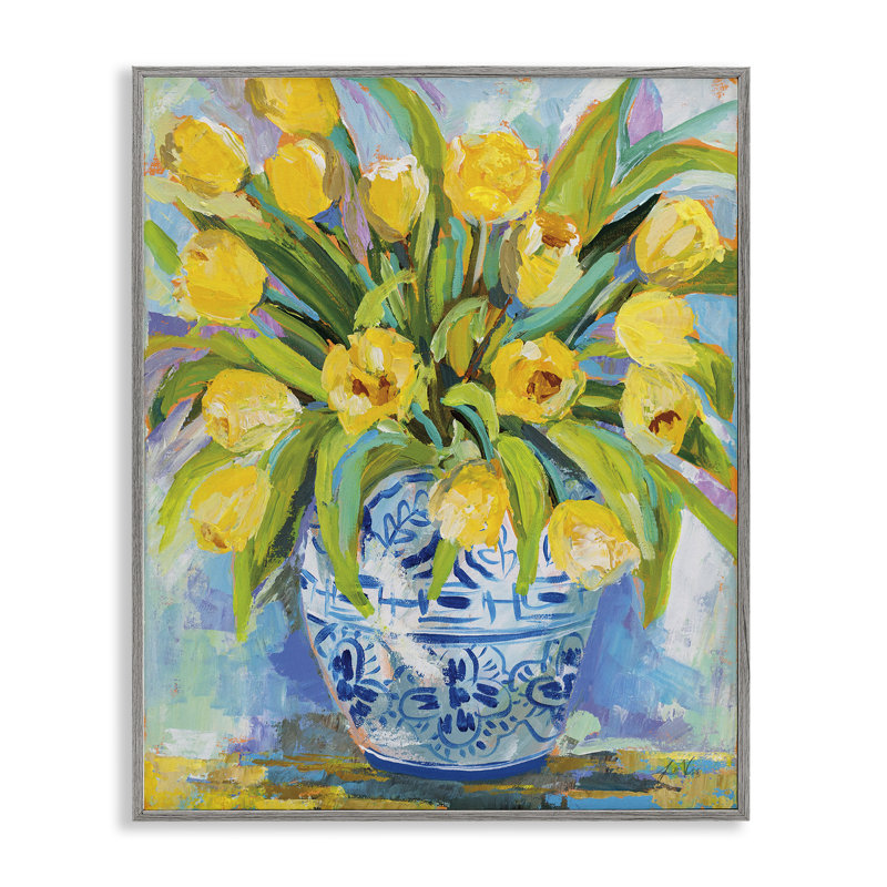 Expressif, tulipes jaunes dans un vase bleu orné, peinture par Jeanette Vertentes - Peinture, H 11 po x l 14 po