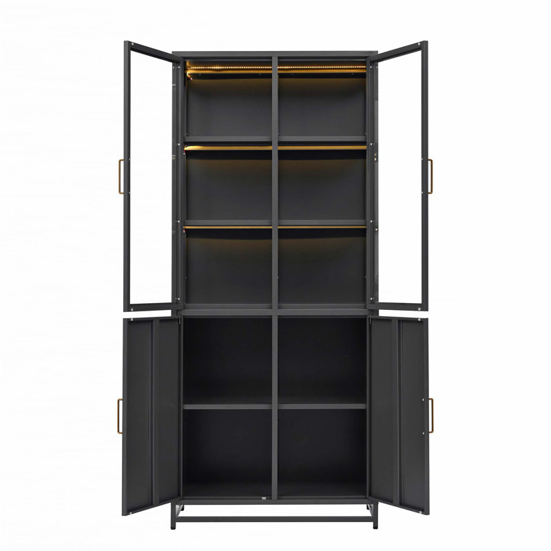 76.75'' Tall Display Cabinet with Glass Doors and LED Lights, Black