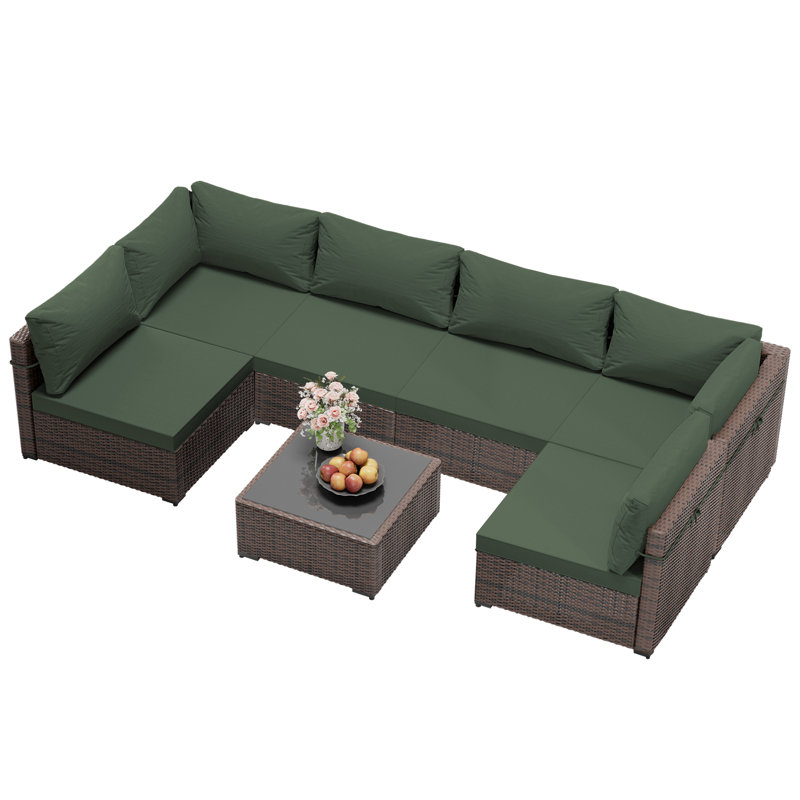 Ensemble de conversation d'extérieur en rotin 7 pièces avec coussins 7 pièces, Vert pin