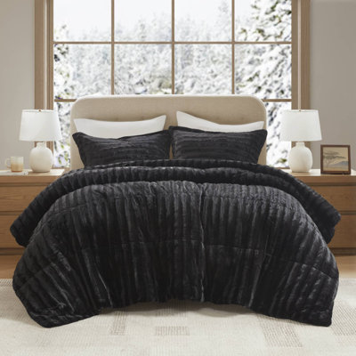 Ensemble d'édredon ultra-doux en fausse fourrure noire 3 pièces Duke
