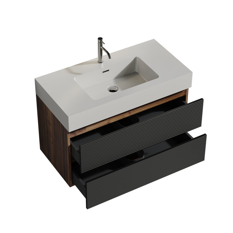 Grace 36" Walnut Bathroom Vanity With Glossy  Solid Surface Sink And Soft  Drawers