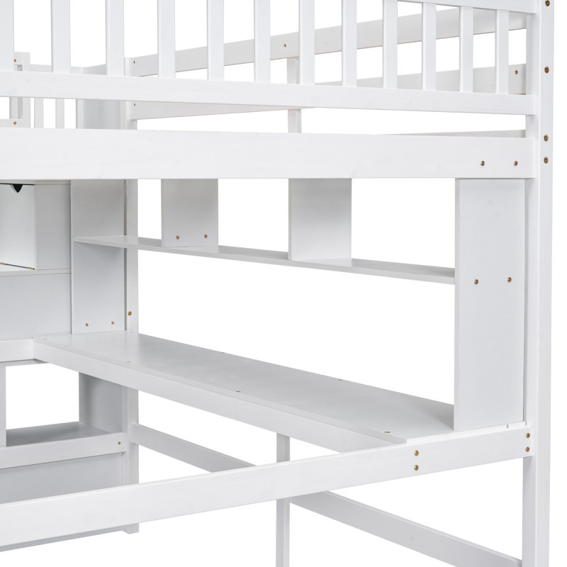 Lit mezzanine double en bois massif avec bureau intégré, tablettes et escalier de rangement, Blanc