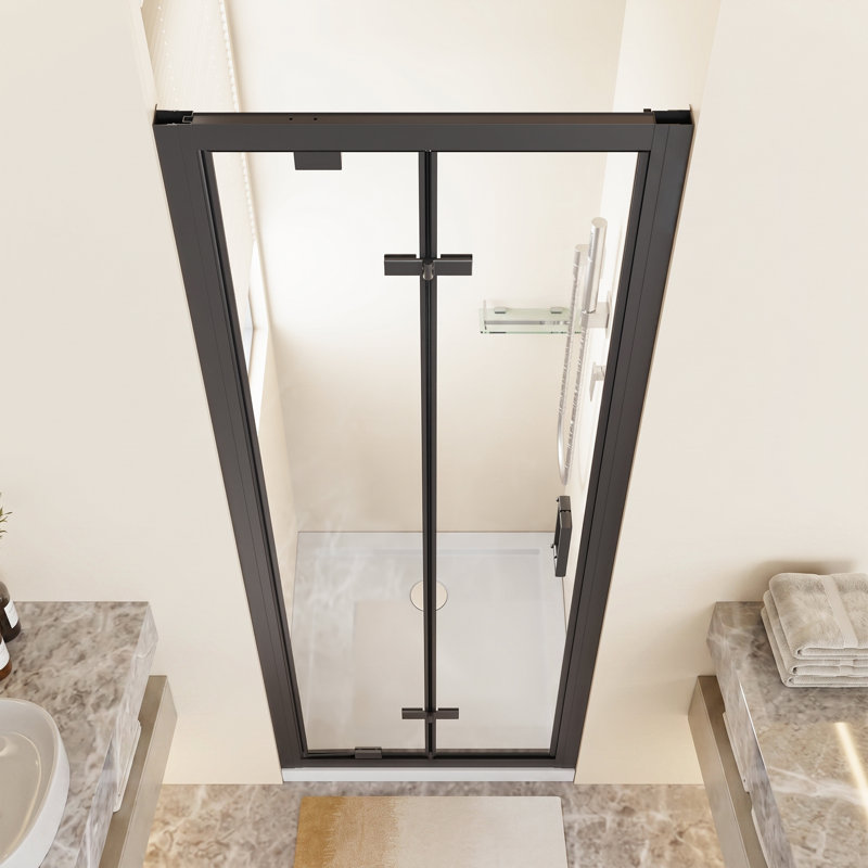 Porte de douche à cadre pivotant en aluminium noir mat l 30 po x H 72 po, boîtier en verre trempé transparent de 1/4 po avec poignée en acier inoxydable, installation réversible.