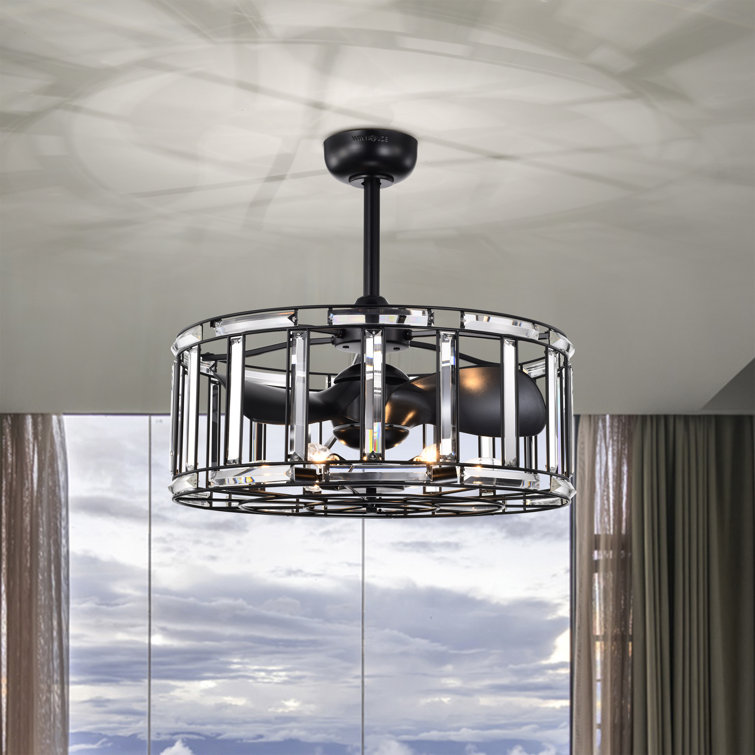 25 Inch Elegant And Glam Style Matte Black Finish Crystal Lighted Ceiling Fandelier With Remote