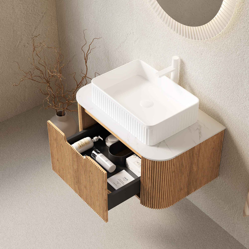 Meuble-lavabo de salle de bain avec lavabo, meuble de rangement mural à bords courbés et rayés avec 2 tiroirs, lavabo rectangulaire en céramique, sans robinet, pré-assemblé