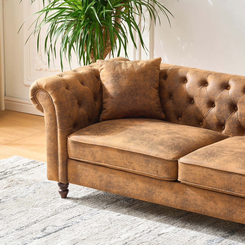 Ensemble de canapé brun en tissu Chesterfield Tech 3 + 2 places, accoudoirs roulés, canapé rembourré de style Mid-Century pour salon, bureau et appartement