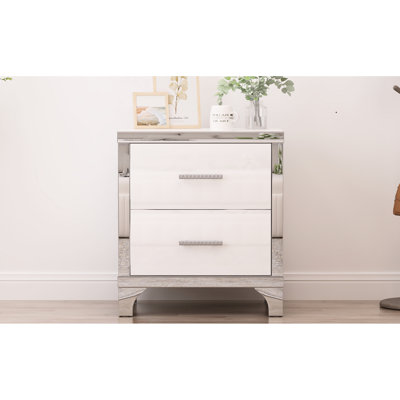High Gloss White Bedside Table With Metal Handle, 2 Drawers For Storage Nightstand Bedroom & Living Room, White, Drawers,