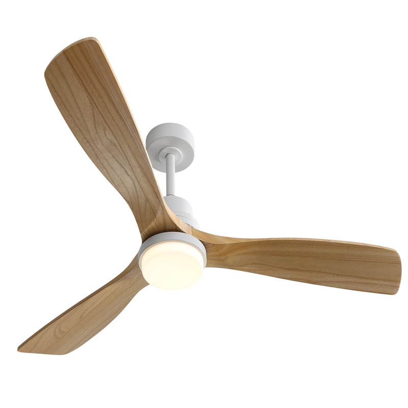 132CM Ceiling Fan with LED Light and Remote Control, White, Natural Wood