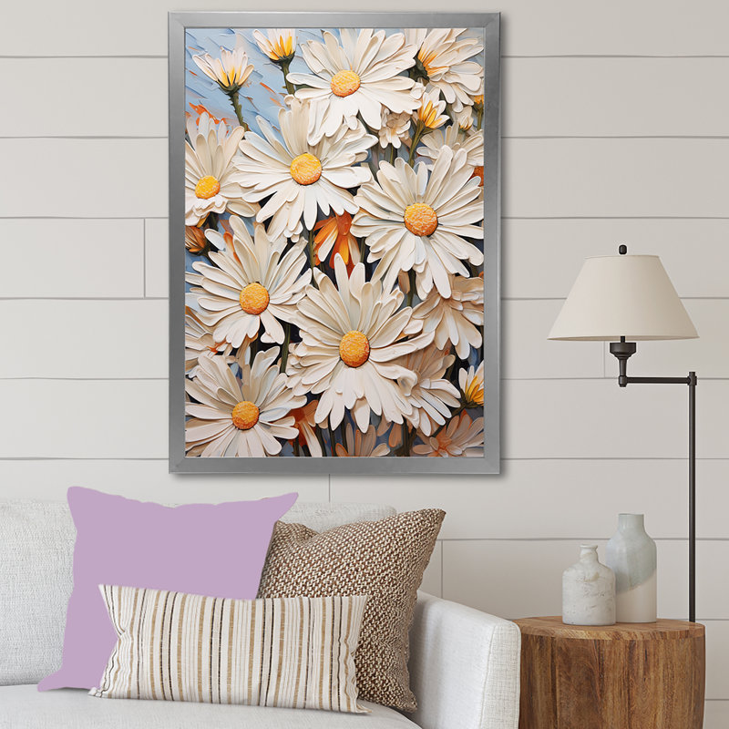Motif de marguerites blanches élégantes - imprimé, Cadre simple argenté, H 32 po x l 16 po x P 1 po