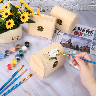 4 Pieces Unfinished Wood Treasure Chest Decorative Pine Wood Box With Hinged Lid And Locking Clasp Plain Decorate Wooden Boxes