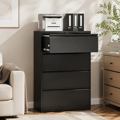Classeur latéral à 4 tiroirs avec serrure - Grand classeur en métal robuste pour le bureau à domicile, rangement large peu encombrant pour format lettre / légal / A4 / F4, glissières silencieuses à pleine extension