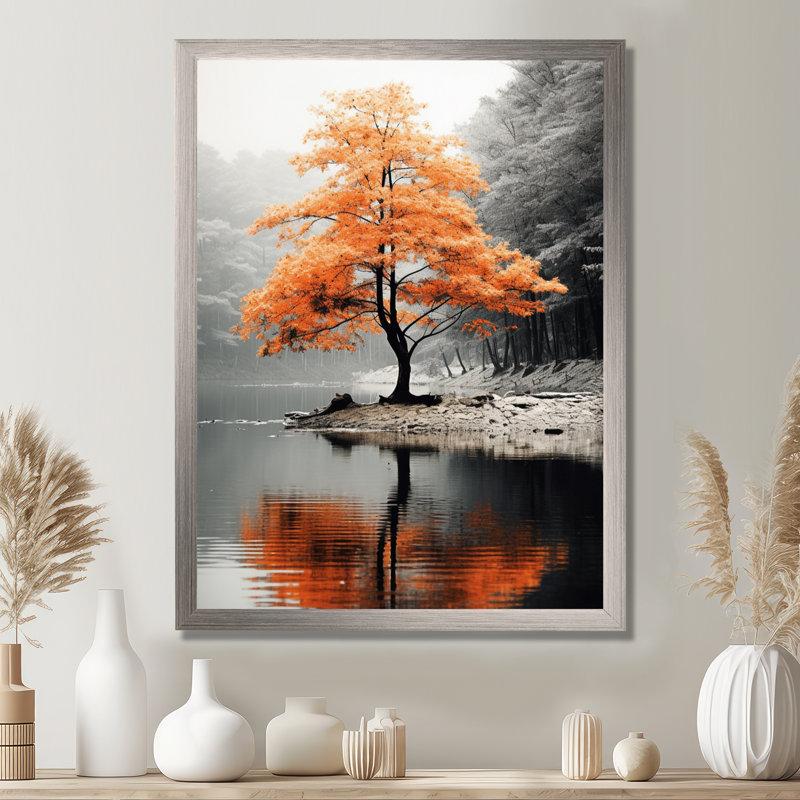 «Orange and Gray Forest Autumn Elegance II», art sur toile Forêt, H 32 po x l 24 po, Cadre photo unique, Argent argent