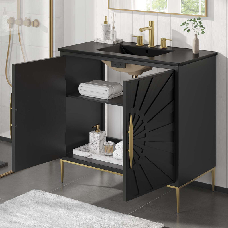 Modway Awaken 36" Black Solid Wood Bathroom Vanity with Gold Accents