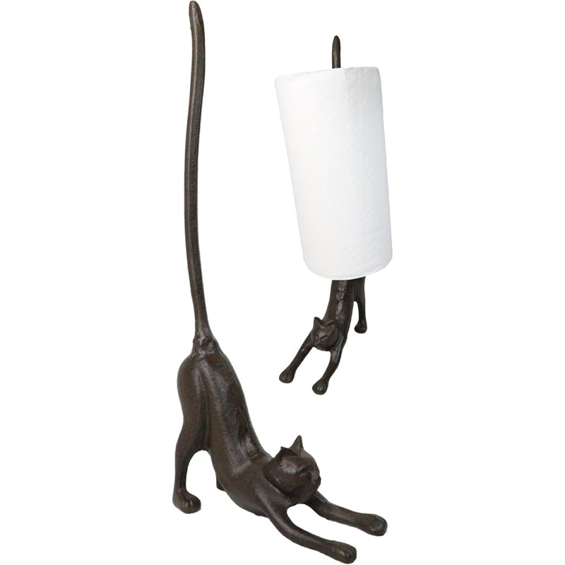 Rustic Cast Iron Crouching Kitty Cat With Long Tail Kitchen Paper Towel Holder