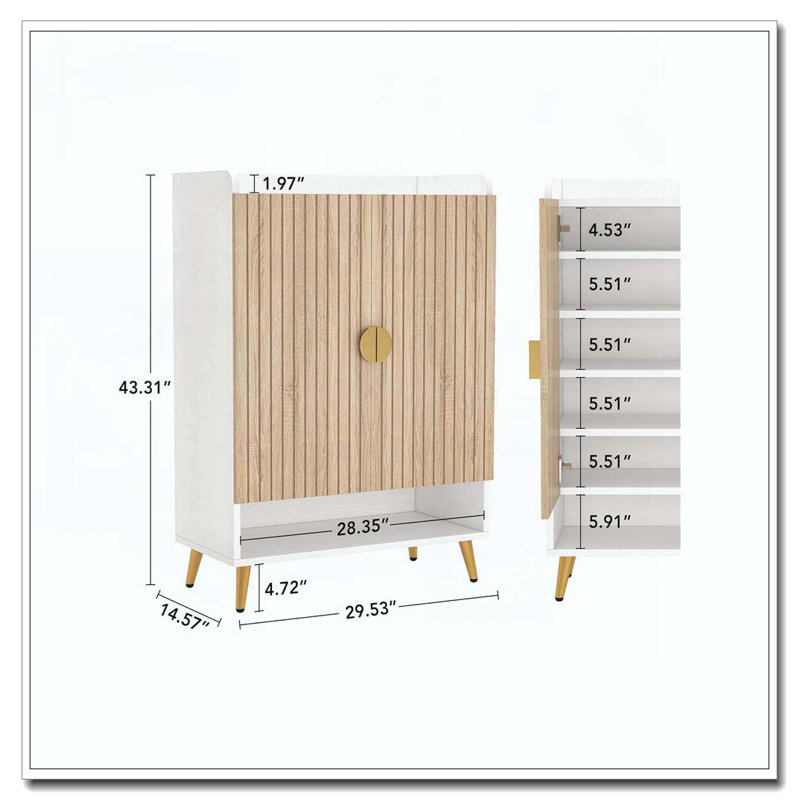 Wooden Shoe Cabinet With Doors, 7-Tier Shoe Storage Organizer, White/Natural