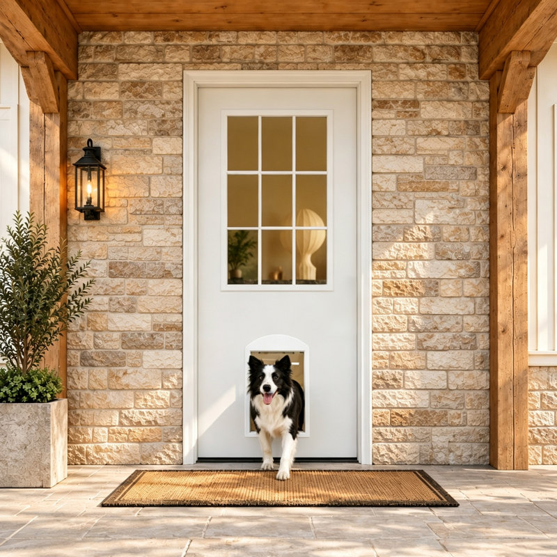 Exterior Front Door with 9-Lite Clear Glass MDF White& Adjustable Magnetic Dog Door, Sound-Reducing Frame, 30"X80", Left