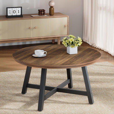 36" Round Industrial Coffee Table, Wood Grain with Thick Metal Legs & Adjustable Feet for Living Room
