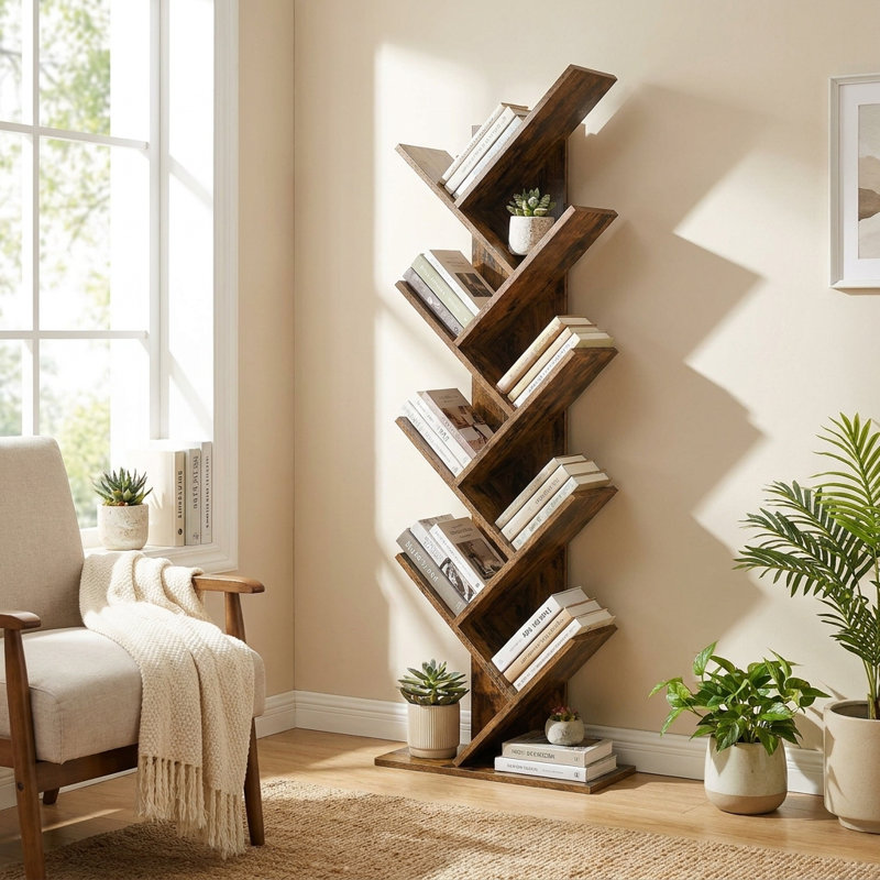 Trivette Geometric Bookcase, Rustic Brown, 55.7" H x 20" W x 11" D