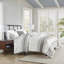 Housse de couette en coton 5 pièces - très grand / très grand blanc / gris Rayures verticales et horizontales Fermeture à glissière avec fermeture à glissière Literie facile à laver blanche avec coussins décoratifs gris Design tissé texturé Lavable à la machine-118755762