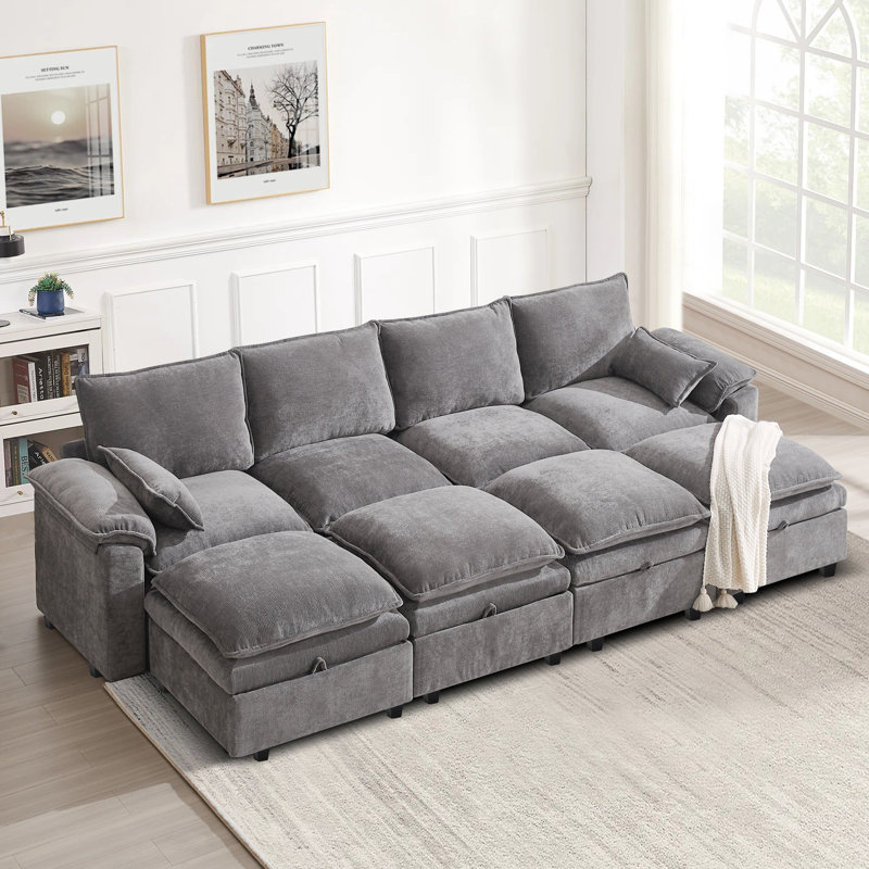 8 Seat Chenille U Shaped Modular Sectional Sofa With Storage, Light Gray