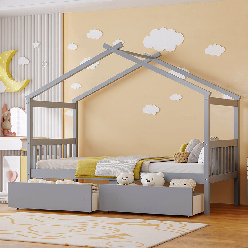 Lit simple, maison en bois avec tiroirs, Lit simple, Gris