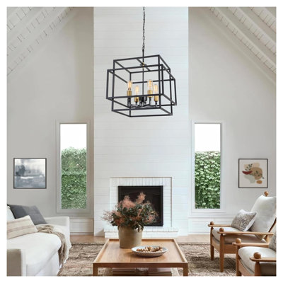Luminaire suspendu moderne à 4 lumières avec chaîne réglable, lustre carré moderne, finition noire et or pour îlot de cuisine, salle à manger, chambre à coucher