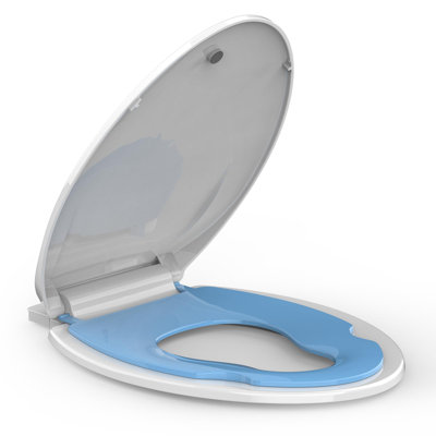 Siège de toilette allongé, siège de toilette avec siège pour tout-petits intégré, siège de toilette allongé convenant à la fois aux adultes et aux enfants, avec fermeture en douceur, installation facile et nettoyage - blanc et bleu allongés