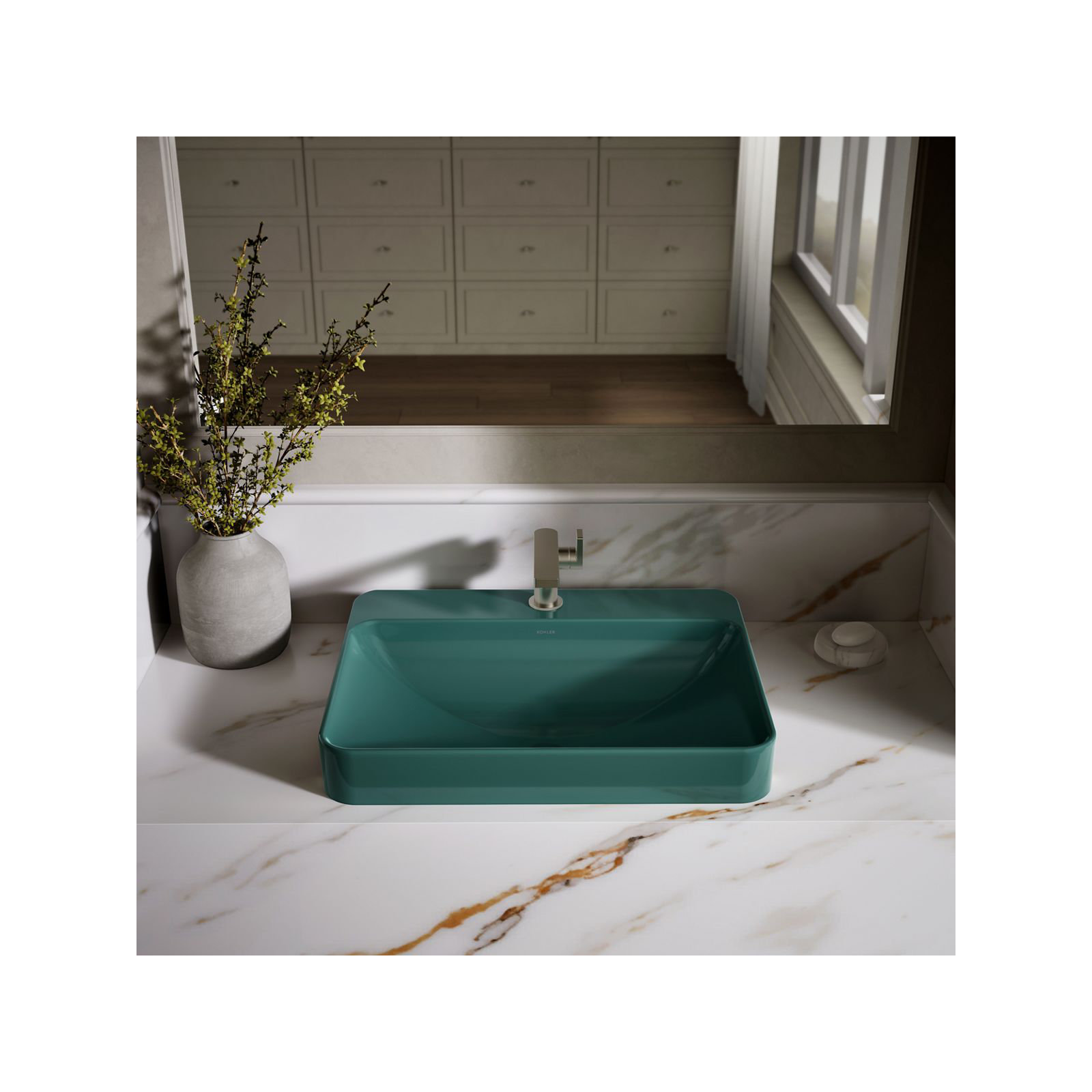 Vox Vitreous China Rectangular Vessel Bathroom Sink with Overflow, Teal, 1