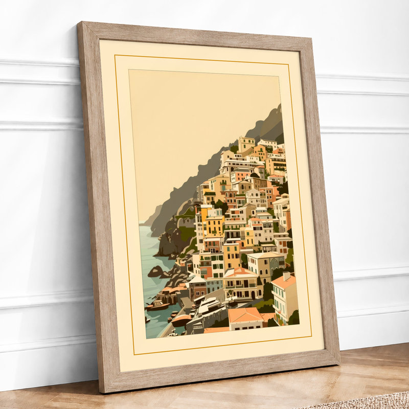 Clifftop Village Coastal - Framed Print, A3 - 42.0 x 29.7 cm, Oak