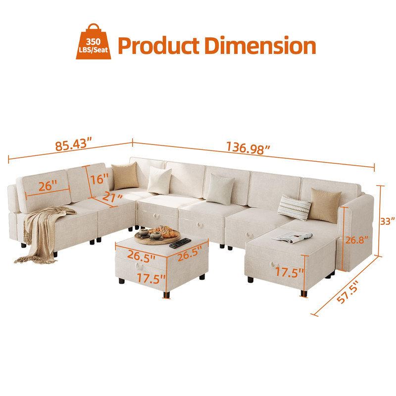 Canapé modulaire surdimensionné 9 places avec sièges de rangement et canapé-lit, surdimensionné, beige, Beige